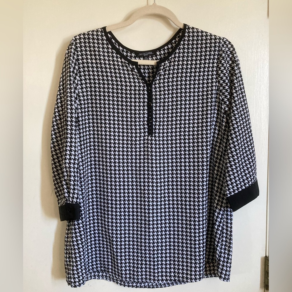 *Notations Petite Lg Black & White Houndstooth 3/4 Sleeve Women’s Blouse#O